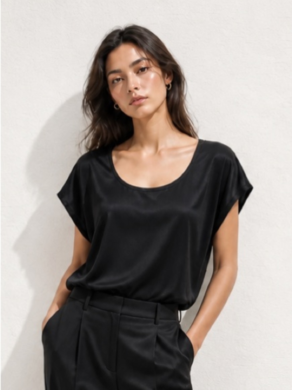 BOSTON PROPER Blouse Scoop Neck Career Cap Sleeve Black Top